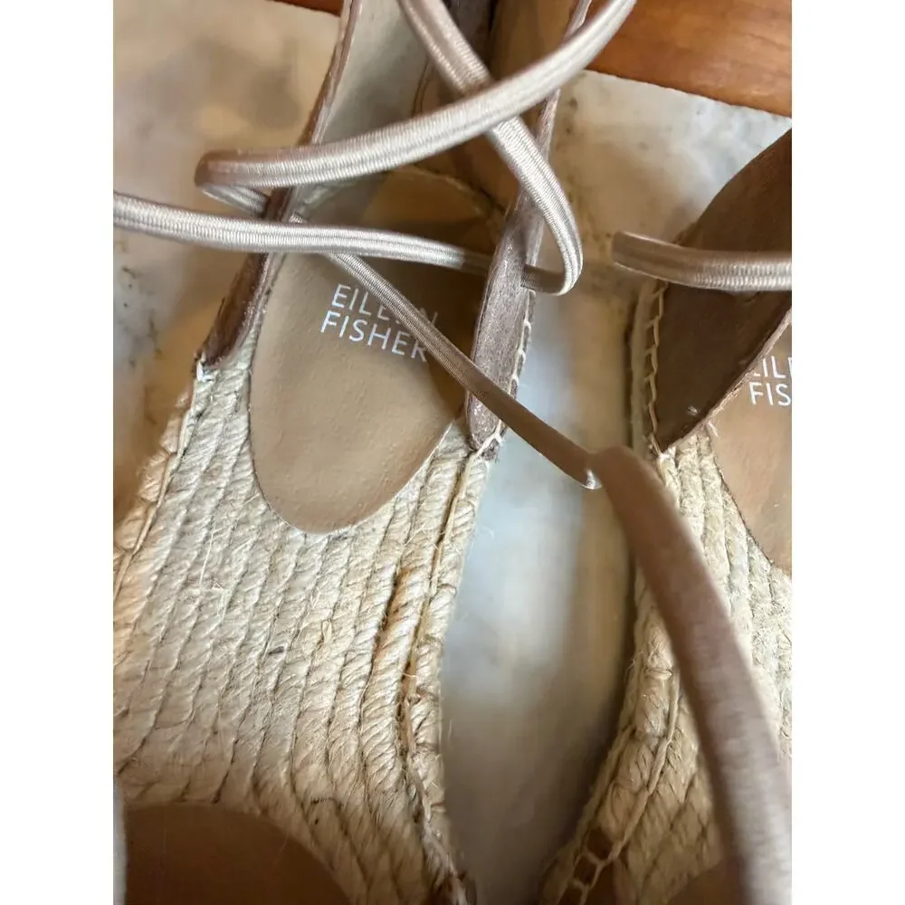 Eileen Fisher Laced Leather Espadrille Flat Sandals Platinum 8.5